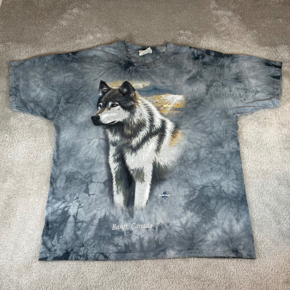 Vintage 90s Wolf Graphic T-Shirt Mens XL Grey Banff Canada Tie Dye Nature Tee